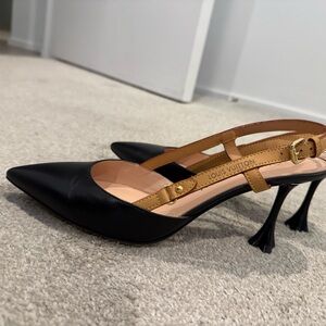 Louis Vuitton Black Leather Pointed Slingback Heels with Tan Straps